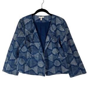 Eileen Fisher Hand Printed 100% Organic Cotton Indigo Blazer Jacket Cropped XS